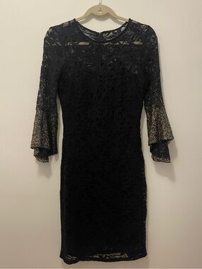 MARINA Black Lace Dress with Metallic Accent Bell Sleeves